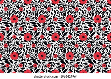 Black and white background red flowers blossom with leaves on the branches fresh vector nature endless seamless pattern for wrapping paper invitations textile decor.