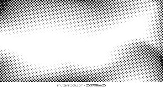Black and white background with retro pixelated texture. Abstract Halftone Dotted Gradient Design with Wave Effect. Anime or manga comic style. Vector illustration