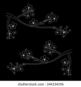 Black and white background with sakura flowers and branches. Beautiful vector illustration in Japanese style. 