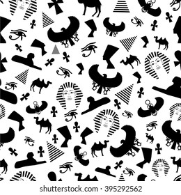 Black and white  background, seamless pattern, egyptian icons