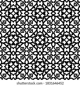 Black and white background, seamless swirl pattern, curly lace texture, abstract vector lattice ornament for anti stress coloring book