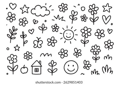 A black and white background with simple doodles for children shows cheerful designs, outlined in black to create a playful and friendly look.

