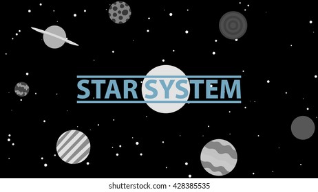 Black and white background of stars and planets in flat design