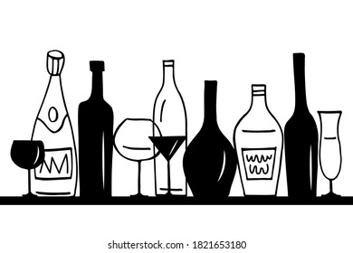 Black and white  background with stylized  bottles and glasses . Graphic vector illustration.