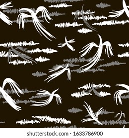 Black and white background with stylized clouds and birds, seamless vector illustration