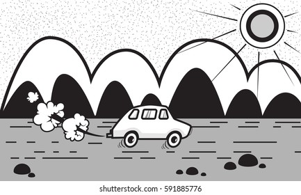 Black and white background. Summer landscape. The road with the car. Exhaust pipe. Steam from the pipes. The mountains and the sun.