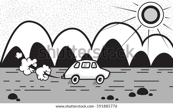 Black and white background. Summer landscape. The\
road with the car. Exhaust pipe. Steam from the pipes. The\
mountains and the sun.