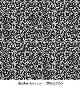 Black and white background, swirly ornament, seamless vector pattern