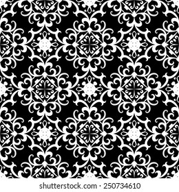 Black and white background, swirly ornament, seamless vector pattern