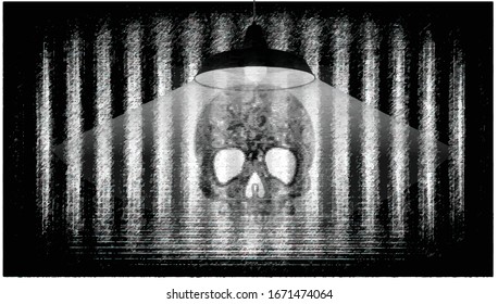 Black and white background with a symbol of death in the middle.
