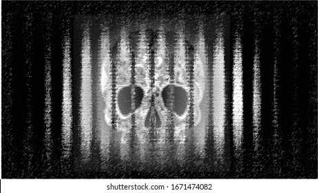 Black and white background with a symbol of death in the middle.