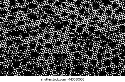 Black and white background texture with oval lines and dark dots, covered with structure with holes in shape of circles 

