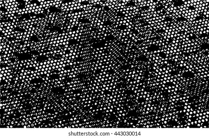 Black and white background texture with oval lines and dark dots, covered with structure with holes in shape of circles 

