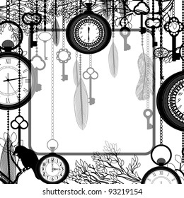 Black and white background with tree branches and antique clocks and keys