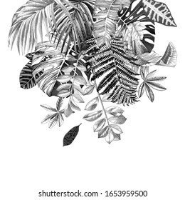 Black and white background with tropical leaves. Vector illustration. Great for invitations, textile, seasonal designs