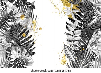 Black and white background with tropical leaves and gold splashes. Vector illustration. Great for invitations, textile, seasonal designs