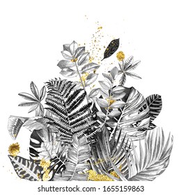 Black and white background with tropical leaves and gold splashes. Vector illustration. Great for invitations, textile, seasonal designs
