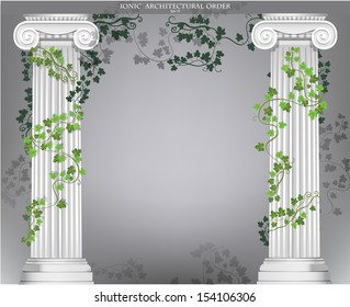 Black and white background with two Ionic columns entwined with ivy