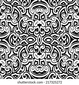 Black and white background, vector curly ornament, vintage seamless pattern, eps8