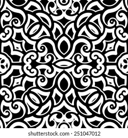 Black and white background, vector curly ornament, vintage seamless pattern