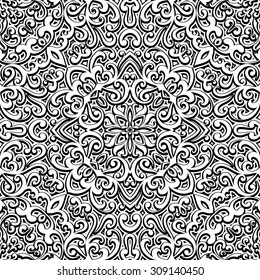 Black and white background, vector curly ornament, vintage seamless pattern