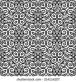 Black and white background, vector curly ornament, vintage seamless pattern