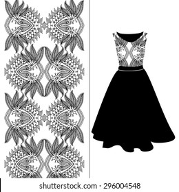 Black and white background. Vector fashion illustration, women's dress 