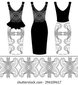 Black and white background. Vector fashion illustration, women's dress variations