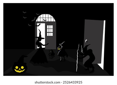 
Ilustración vectorial de fondo blanco y negro de la casa y la celebración de Halloween. conveniente para los fondos, los Anuncios, los anuncios, las decoraciones de la pared, las pantallas de visualización.