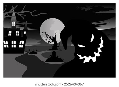 Ilustración vectorial de fondo blanco y negro del carácter espeluznante de la calabaza y del castillo detrás de él. conveniente para los fondos, los Anuncios, los anuncios, las decoraciones de la pared, las pantallas de visualización.