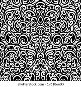 Black and white background, vector swirly ornament, vintage seamless pattern