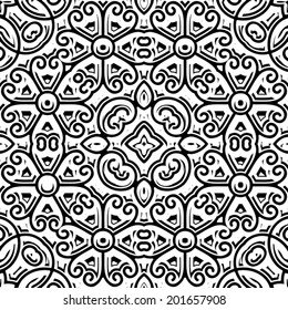 Black and white background, vector swirly ornament, vintage seamless pattern