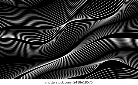 Black and white background, waves of lines, abstract dark wallpaper, vector design art