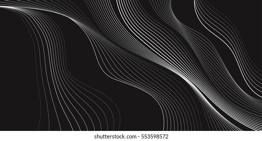 Fundo preto e branco, ondas de linhas, papel de parede abstrato, design vetorial