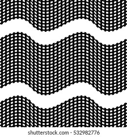 Black and white  background with wavy grid. Artistic monochrome abstract seamless pattern. Modern design. Vector illustration.