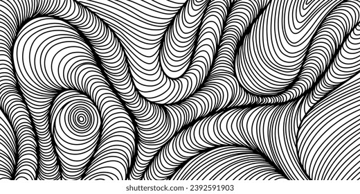 Fondo blanco y negro con un patrón lineal ondulado. Arte de línea. Olas sobre fondo blanco. Textura geométrica. Ilusión óptica. Líneas de volumen. Textura abstracta de rayas. Distorsión de superficie