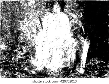 Black and white background of woman in white dress sitting, expressive style