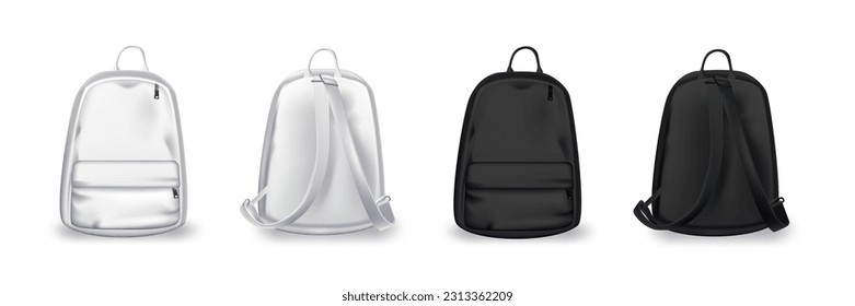 Black and white backpack design front and back view set. College or school rucksack mockup vector illustration. Realistic youth pack of fabric for study or sport isolated on white background.
