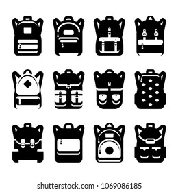 Black and white backpack silhouette set. Backpack and haversack, bag and luggage for travel, vector illustration