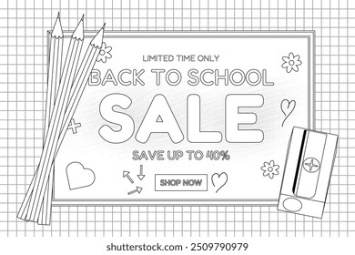 Black and white back-to-school sale banner for coloring. Features school supplies and promotion details. Great for kids creativity.