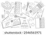 Black and white back-to-school themed coloring page featuring art supplies like pencils, brushes, and paint. Ideal for creative activities.