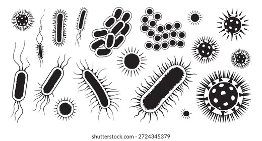 Conjunto de iconos de bacterias y virus en blanco y negro. Símbolos de infección de microbios. microbiología colección de signos de células de gérmenes