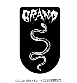 black and white badge design, image of a snake inside a shield, suitable for underground music merchandise.