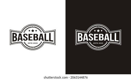 Black and white badge emblem of baseball club, tournament logo with crossed wooden baseball ball vector illustration