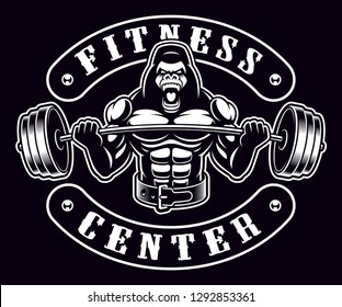 Black and white badge of a gorilla bodybuilder with barbell on the dark background. Text is on the separate group and it is easy removable.