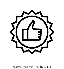 Black and White Badge Icon with Thumbs-Up Symbol in Outline Style. The design suggests approval, quality, and achievement in a simple and modern outlined style.