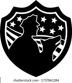 Black and White badge Illustration of a silhouette of an American policeman or security guard with police dog with USA stars and stripes set inside shield done in retro style.