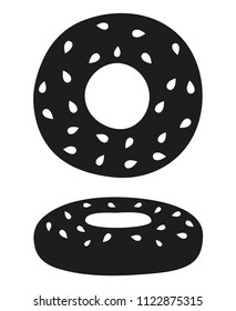 Black and white bagel front and side view silhouette. German comfort food pastry. Oktoberfest themed vector illustration
