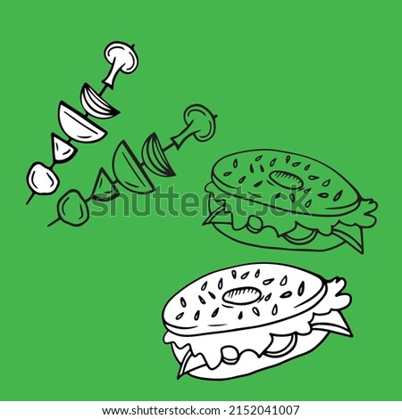 Black and white bagel and vegetables vector illustration for cafes and restaurants. Cute food vector illustration. 