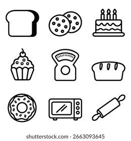 Iconos blancos y negros de la hornada y de la cocina